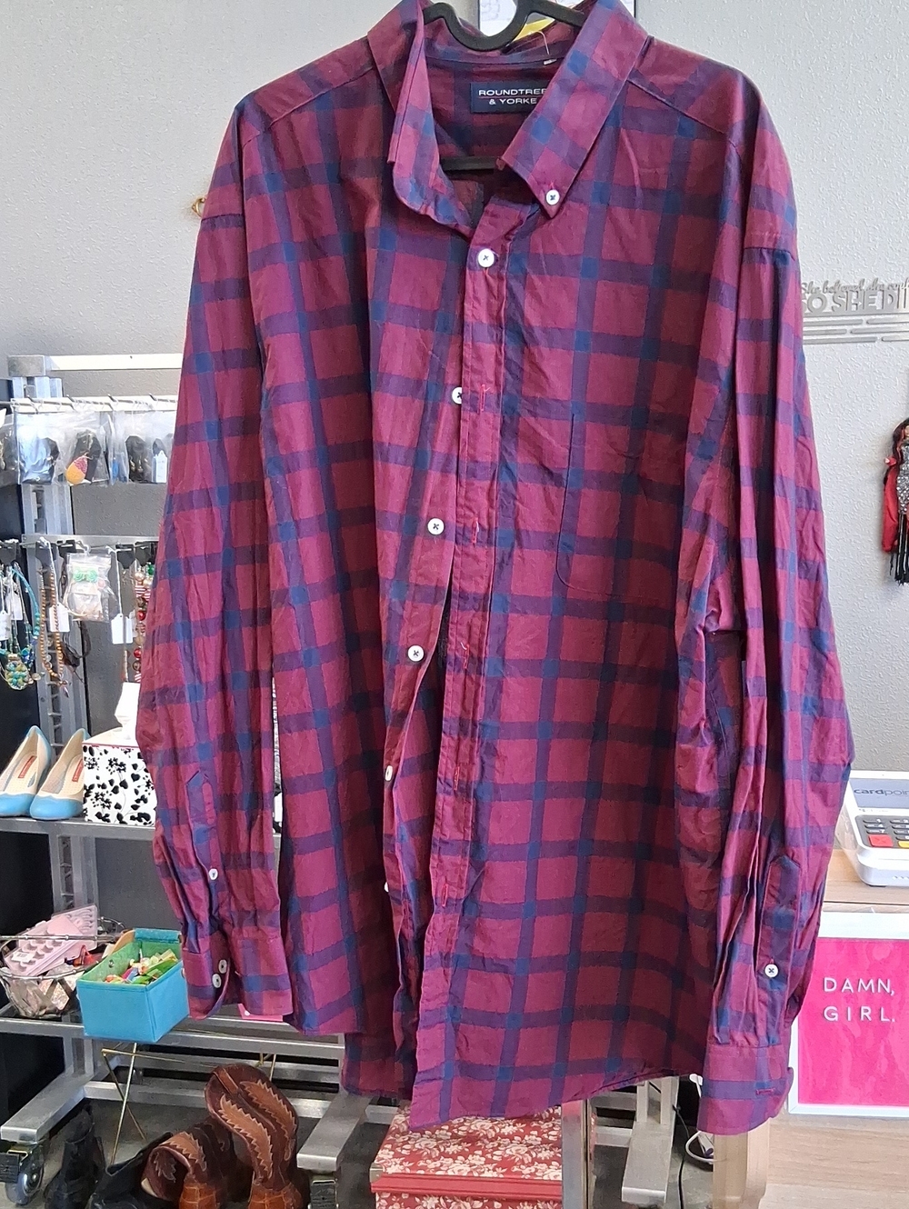 Roundtree & Yorke Men’s Burgundy and Navy Plaid Button-Down Shirt
